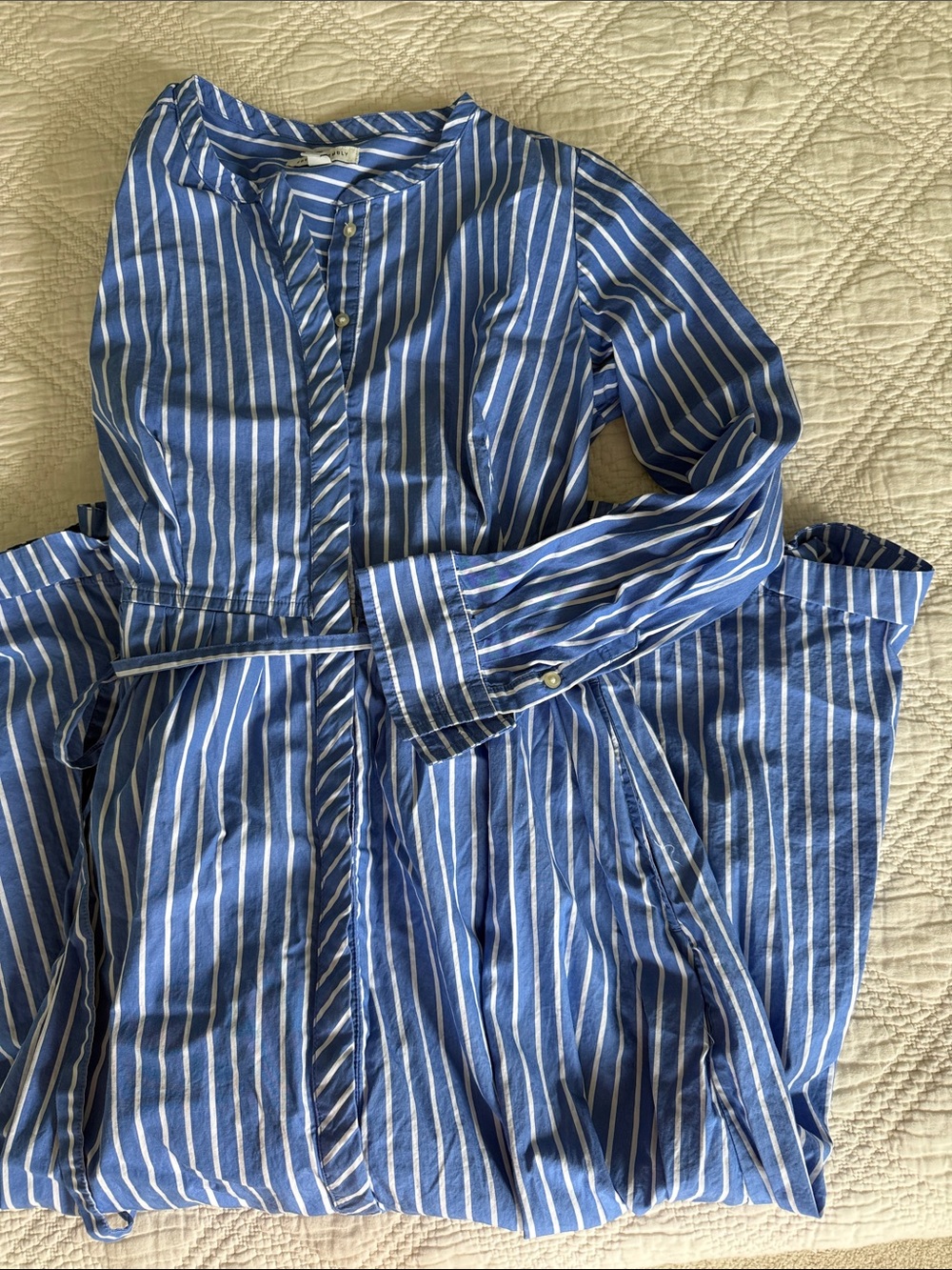 Free Assembly Pleated Belted Midi Shirtdress Long Sleeves Blue White Striped SzM - Picture 12 of 12